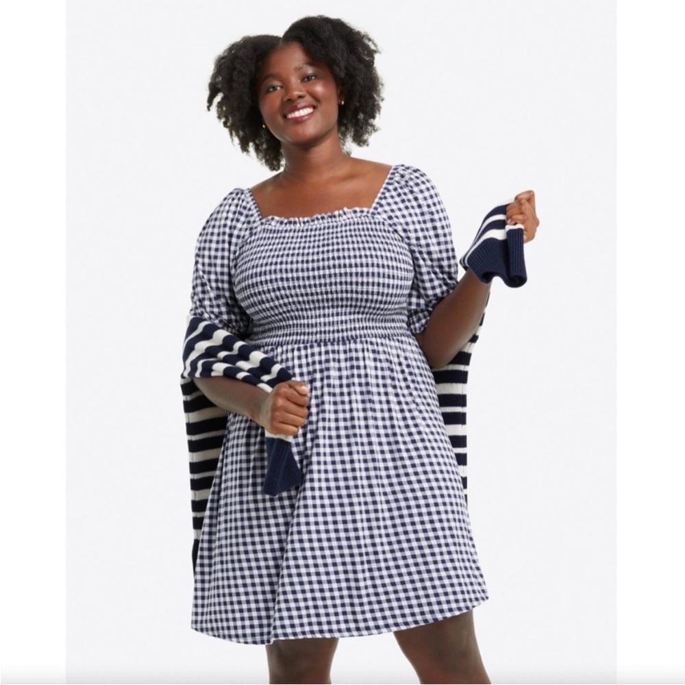 DRAPER JAMES Smocking Mini Babydoll Dress in Gingham Blue White L
